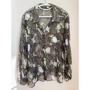 Max Mara 100% Silk Sheer Abstract Black Yellow Print Blouse Size 25 Est US M/L